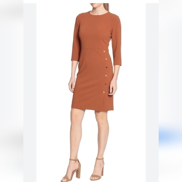 ivy + Blu Dresses & Skirts - Ivy + Blu Rustic Orange Mididress Gold Buttons 3/4 Sleeve Size 10